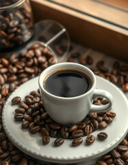 Fototapeta premium Freshly brewed coffee served in a white cup surrounded by roasted coffee beans on a wooden surface