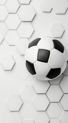 Soccer ball resting on a patterned hexagonal tile surface in shades of gray