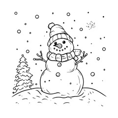 A simple line drawing of a Christmas Snowman, black and white vector illustration