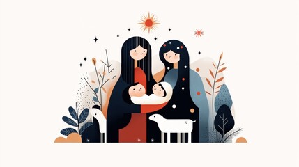 Minimalist illustration featuring two women holding swaddled infants, surrounded by abstract plants, stars, and a sun, with a simple white goat in the foreground.