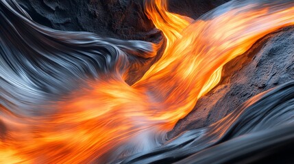 A captivating view of flowing lava in vibrant orange colors against dark rocky textures at volcanic site.