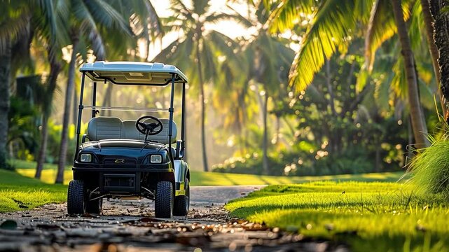 This golf cart is parked along a peaceful palm-lined path during early morning light.