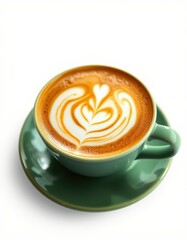 Hot coffee served in a green cup showcasing intricate latte art with heart design on top