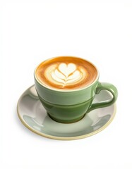Delightful coffee with heart latte art served in a green cup on a matching saucer