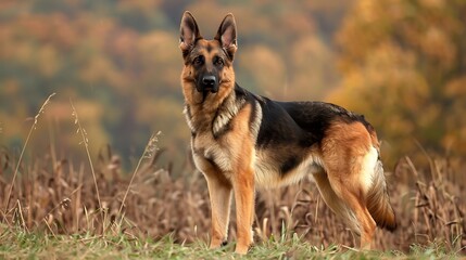 A majestic German Shepherd stands tall and alert in a picturesque autumn landscape, showcasing its powerful physique, intelligent gaze, and striking sable coat. 