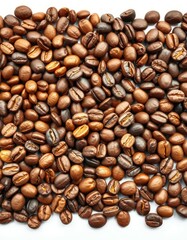 Fototapeta premium Varied shades of roasted coffee beans spread out on a surface for background or texture use