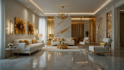 Another view of a white and gold-themed modern interior.