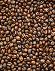 Fototapeta premium Dark roasted coffee beans spread evenly across a surface, highlighting their rich textures and color variations