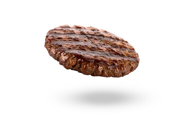  Cooked  hamburger patty on white background.