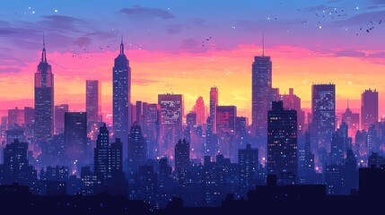 Obraz premium Sprawling cityscape at twilight with urban downtown buildings