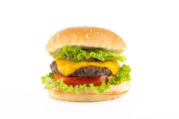 Delicious and large hamburger or cheeseburger white background