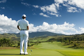 Golfer preparing to swing on a beautiful course with mountains in the background