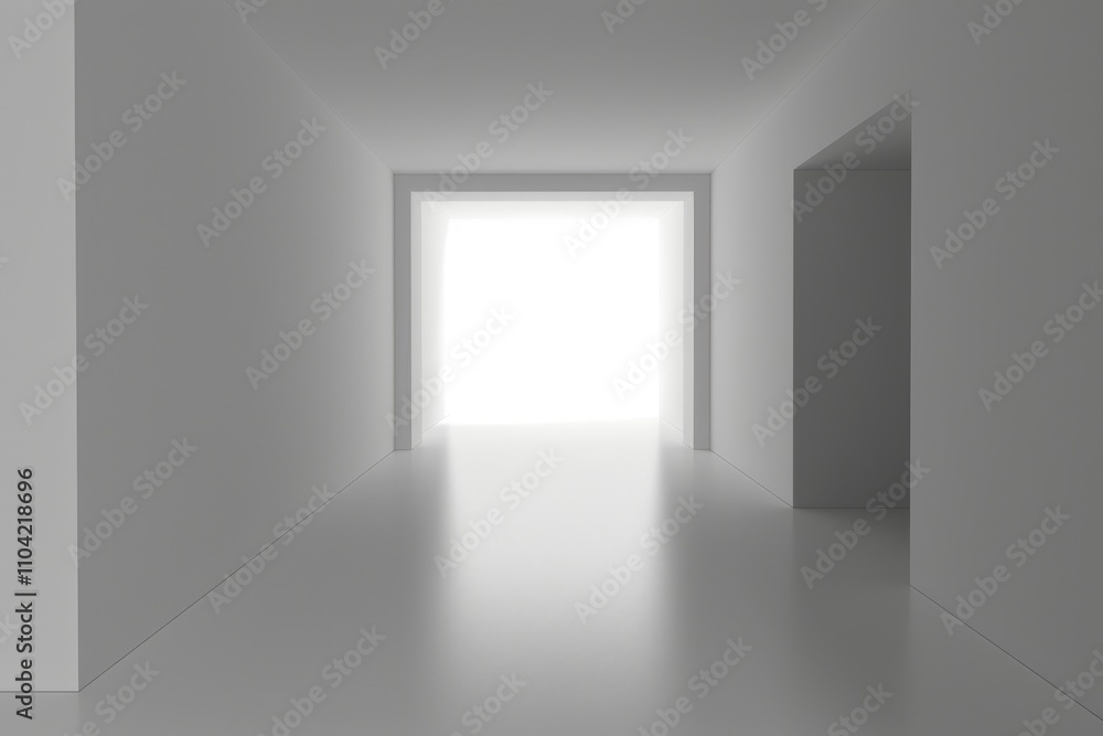 Poster a minimalistic corridor leading to a bright light source, emphasizing simplicity and space.
