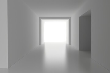 A minimalistic corridor leading to a bright light source, emphasizing simplicity and space.