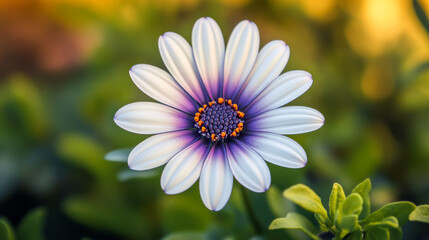 Obraz premium White and purple daisy blooming in lush green garden