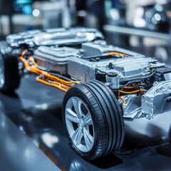 Fototapeta premium Chassis of the electric, hybrid car with powertrain. Car maintenance. Blue toned.