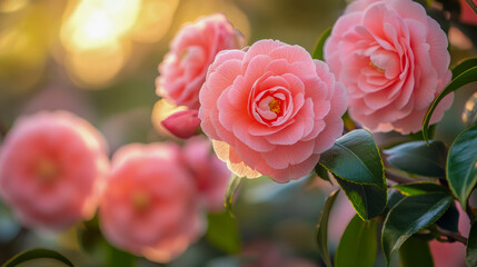 Vibrant pink camellia blooms in sunlit garden setting