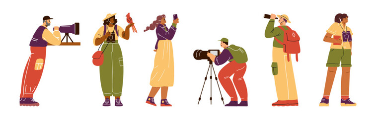 Vector illustration of a set with a young man and a woman-researchers are observing wildlife