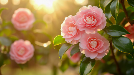 Blooming pink camellias in sunlit garden