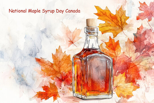 Watercolor illustration of maple syrup bottle surrounded by vibrant autumn leaves for National Maple Syrup Day Canada. - Powered by Adobe