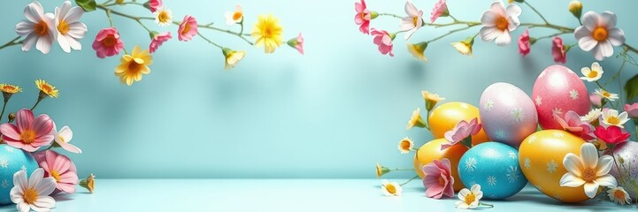 Colorful Easter eggs and vibrant flowers arranged on a pastel background for spring celebration