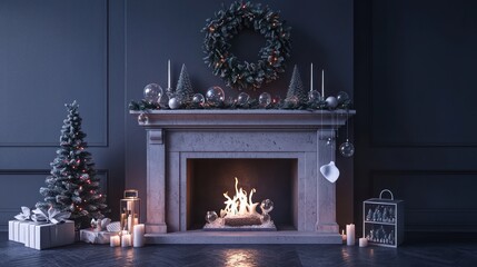 Elegant wreath and snow globes decorate a 3D fireplace scene. Soft firelight and futuristic gadgets in the corner create a blend of cozy and modern holiday vibes.