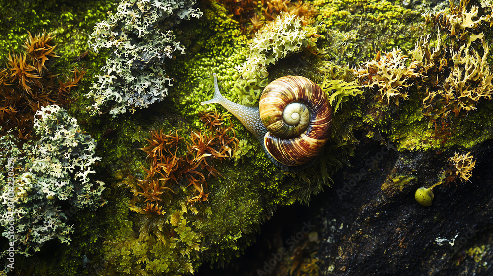 Poster close-up view of a snail moving on a moss-covered rock under soft natural light at a serene garden s