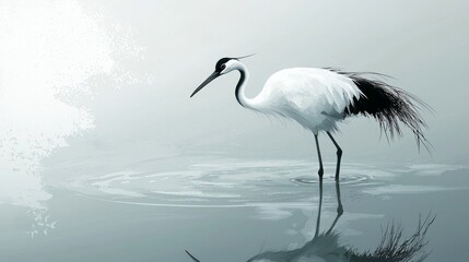 Obraz premium Elegant White Crane Standing Gracefully in Shallow Water with Soft Reflections and Serene Misty Background Creating a Calm Atmosphere