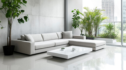 Minimalist Living Room with Light-Gray Sectional and Greenery Accents