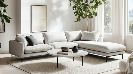Minimalist Living Room with Light-Gray Sectional and Greenery Accents