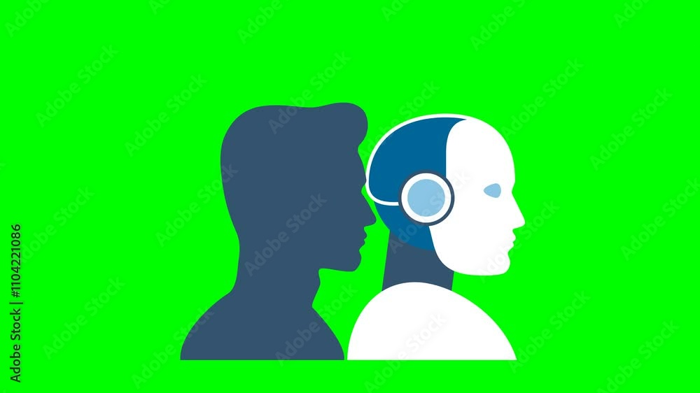 Poster human brain mind head with artificial intelligence robot head concept. artificial and natural intell
