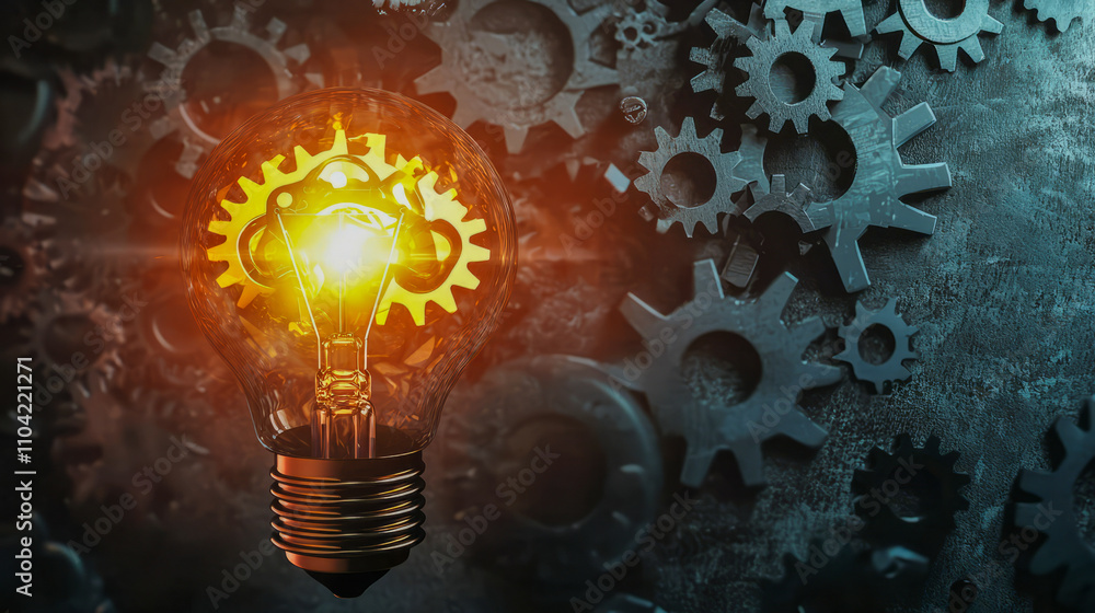 Poster glowing light bulb with cogs and gears symbolizing innovation and ideas