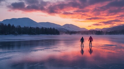 Fototapeta premium Two figures walk on an icy lake during a vibrant sunset, surrounded by majestic mountains and colorful clouds.