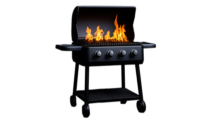 Flaming barbecue grill with open lid and visible flames