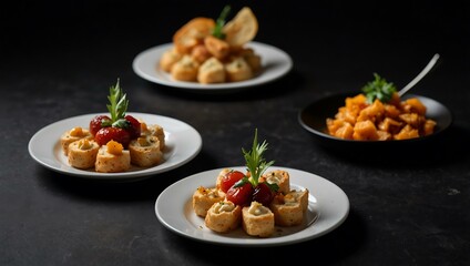 Appetizers served on plates against a black background.