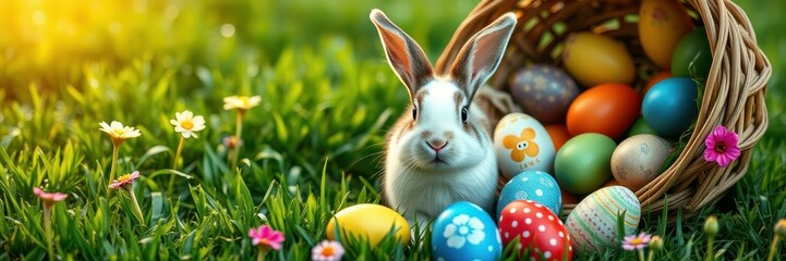 Colorful Easter eggs and a bunny on a sunny spring day in a grassy garden