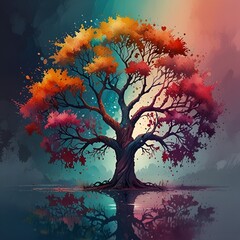 Dreamlike Vibrant Autumn Tree with Colorful Leaves in a Fantasy Landscape at Sunset, Glowing Ethereal Nature Art Illustration, Surreal Digital Painting of Scenic Beauty, Perfect for Nature Lovers