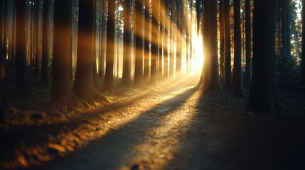 Sun-drenched forest path with golden rays filtering through tall trees, creating a magical summer glow