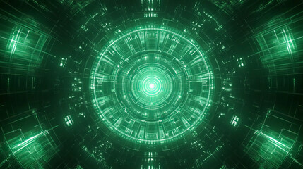 Futuristic green digital tunnel with geometric patterns