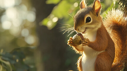 Fototapeta premium Close-up of a squirrel holding an acorn in a sunlit forest during autumn, showcasing nature's beauty and wildlife behavior
