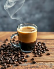 Freshly brewed coffee with steam rising over coffee beans on a wooden table in a cozy setting