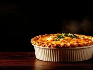 Delicious homemade chicken pot pie cozy kitchen food photography warm atmosphere close-up view culinary comfort