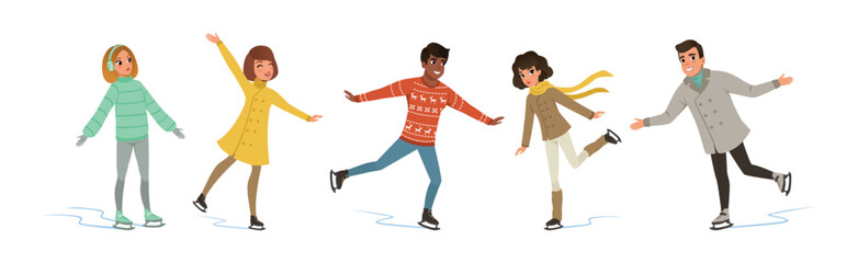 Man and Woman Ice Figure Skating Moving on Ice Rink Vector Set