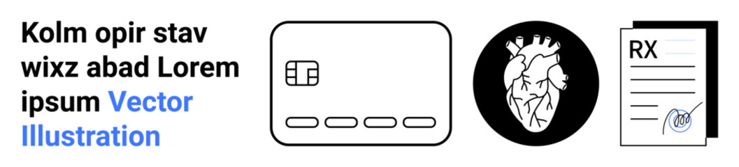 Black and white credit card, anatomical heart diagram, and prescription note with RX symbol and stamp. Ideal for finance, healthcare, medicine, anatomy, banking education graphic design. Landing