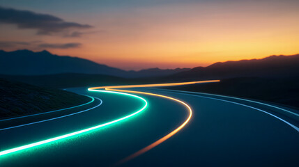 Naklejka premium Vibrant neon road curves at sunset with mountain silhouette