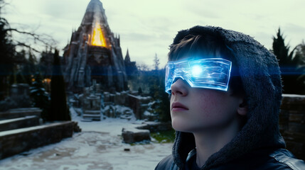 Young gamer immersed in epic VR fantasy adventures, wearing advanced high-tech goggles, experiencing a vibrant roleplaying world filled with heroic quests and thrilling action.