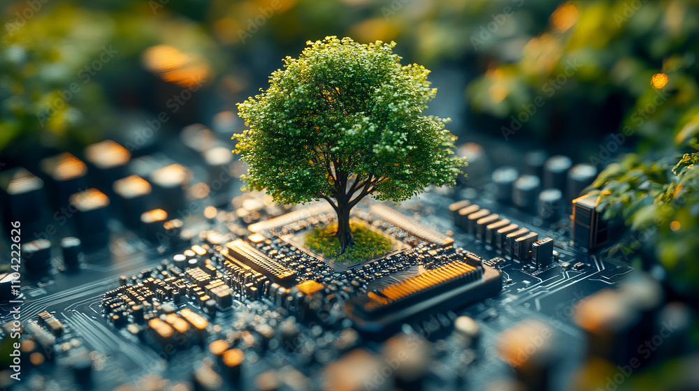 Aufkleber tree growing from circuit board - symbol of technology and nature integration