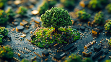 Tree growing on circuit board symbolizing technology and nature integration