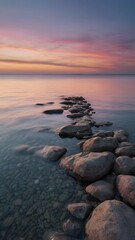 Calm Wallpaper Featuring Serene Ocean View, Rocky Shoreline, and Sunset Sky for Peaceful Inspiration
