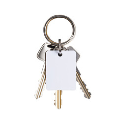 Set of metal keys with blank tag on transparent background